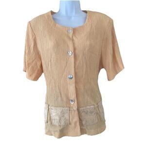 VTG Michael Blake Women Petite 16 Yellow Stretchy Button Up Blouse Fairy Core